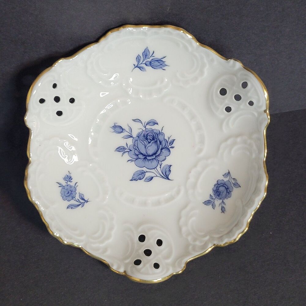 VTG Lindner Dresden Pierced Porcelain Trinket Dish Ring Bowl Cobalt Blue Rose
